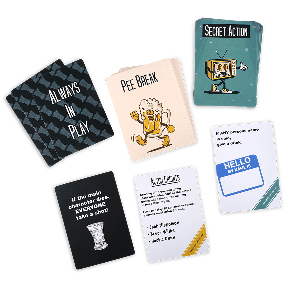 Collection of playing cards with various designs and text on a white background