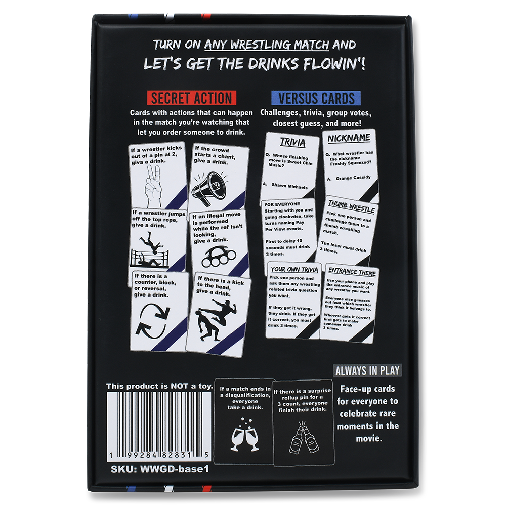 Wrestling-themed card game packaging with text and icons on a black background