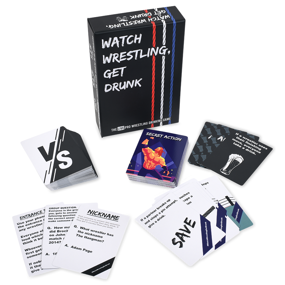 Card game packaging with cards and text on a white background