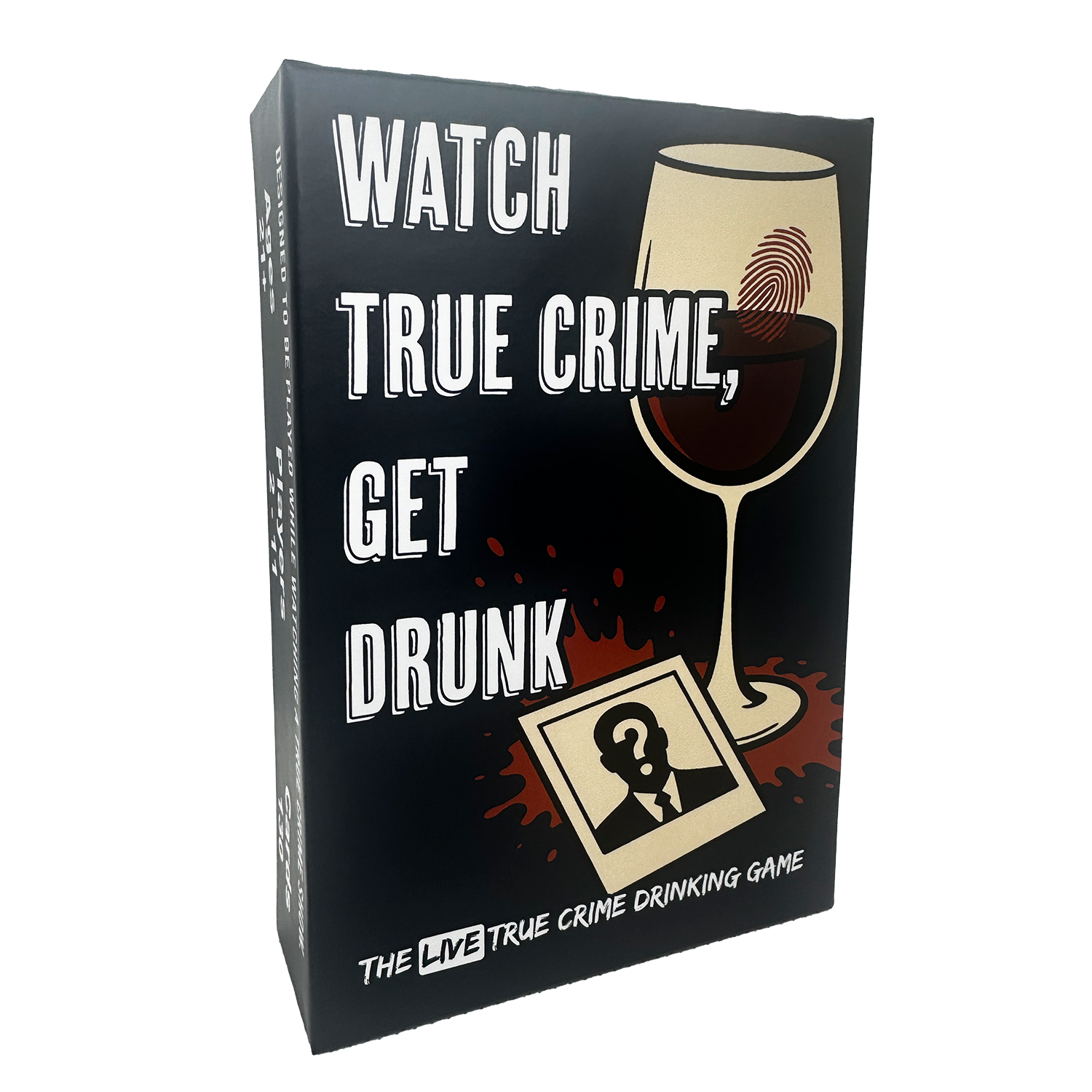Box for a true crime drinking game with a wine glass and text on a black background