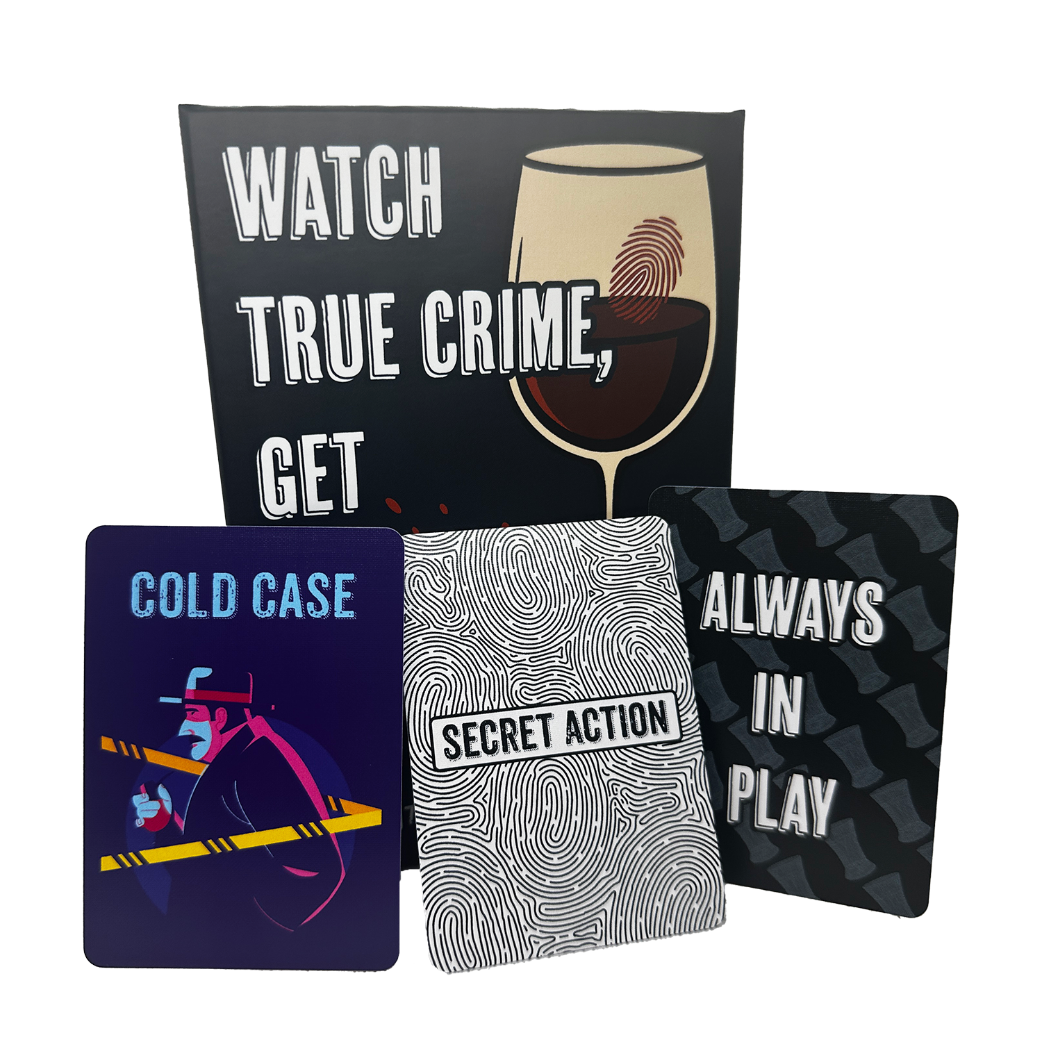 Four playing cards with different designs and text on a white background