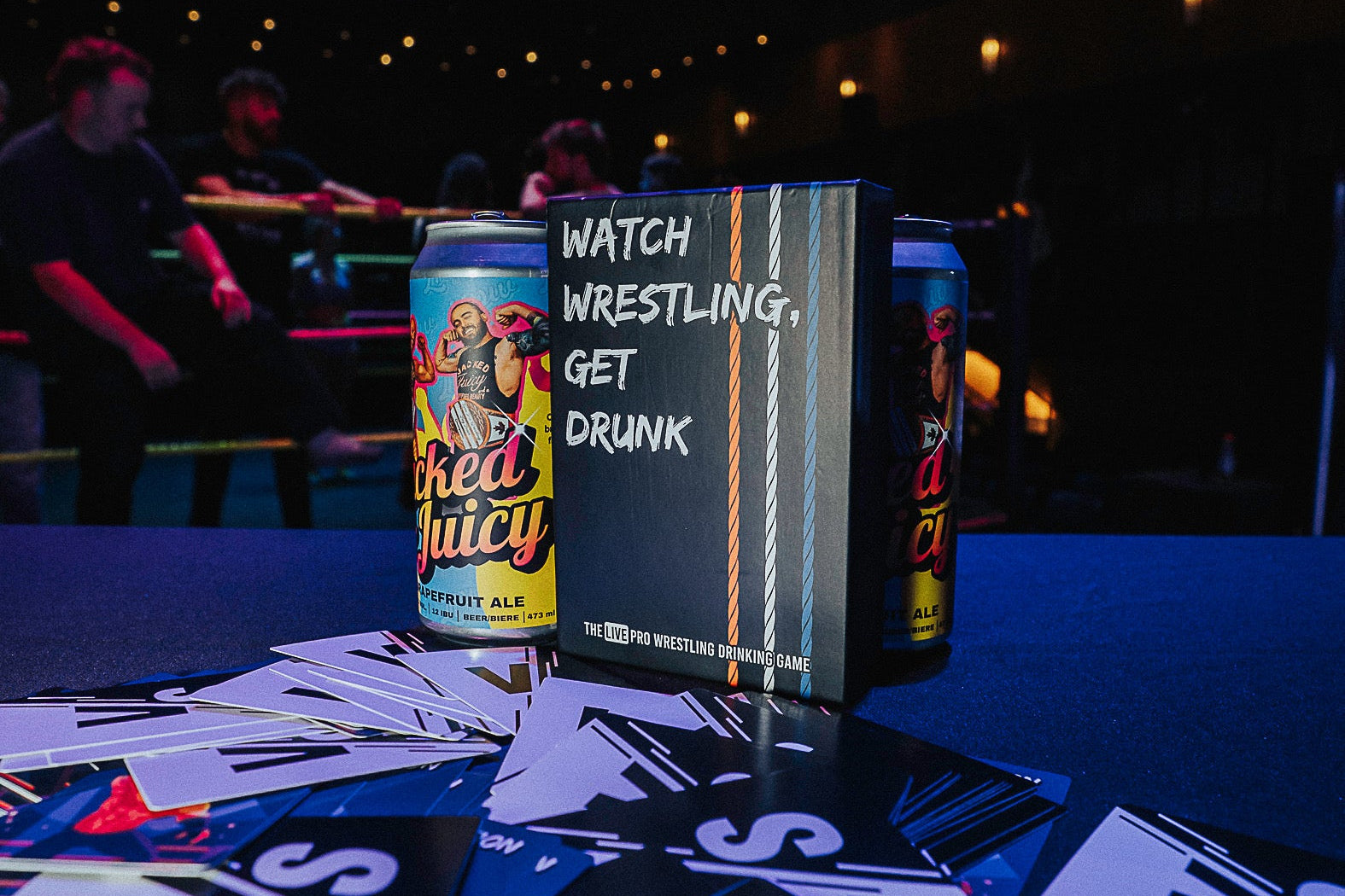 wrestling box with cans and cards