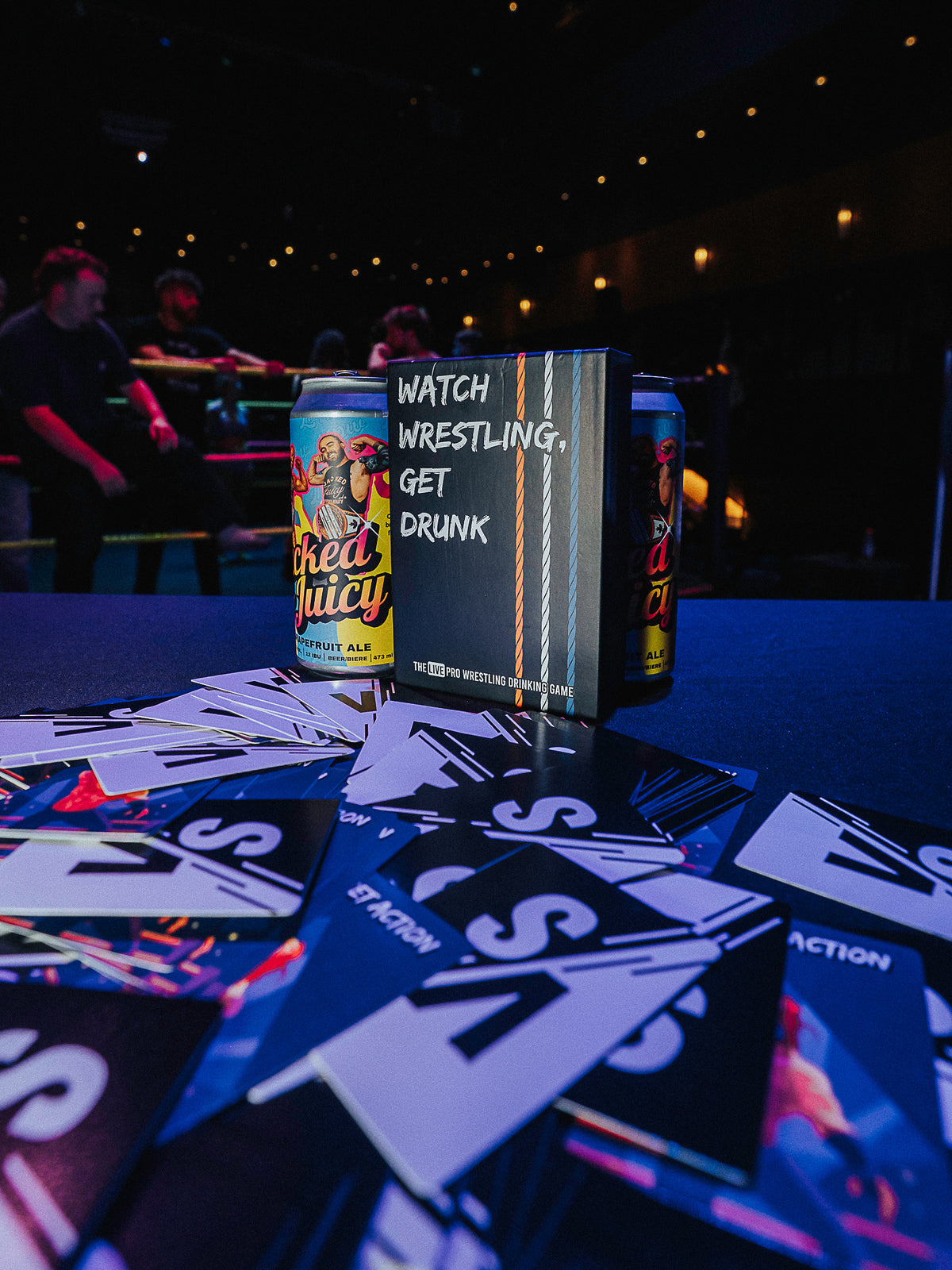 wrestling box with cans and cards