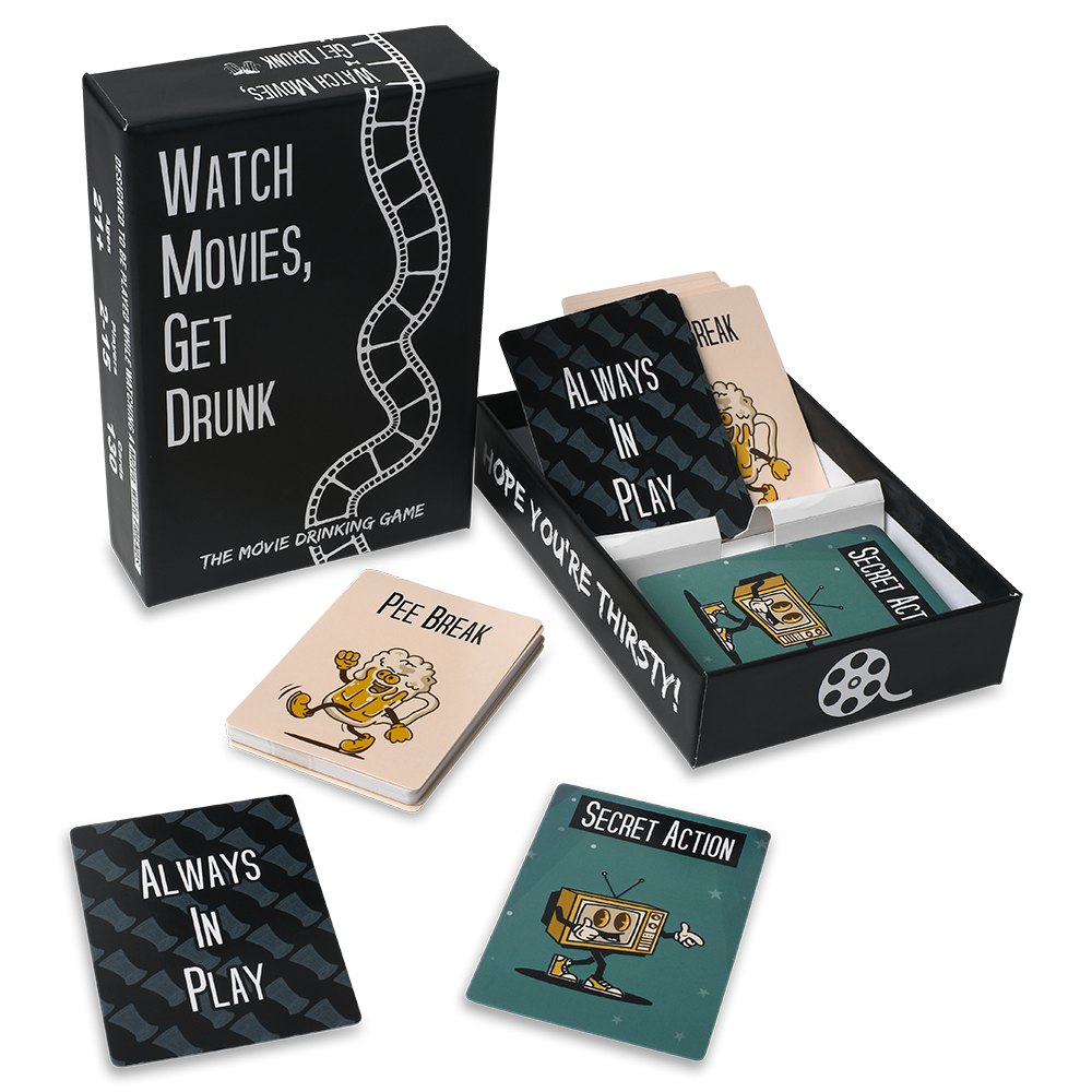 Movie-themed drinking game cards with a box labeled 'Watch Movies, Get Drunk' on a white background.