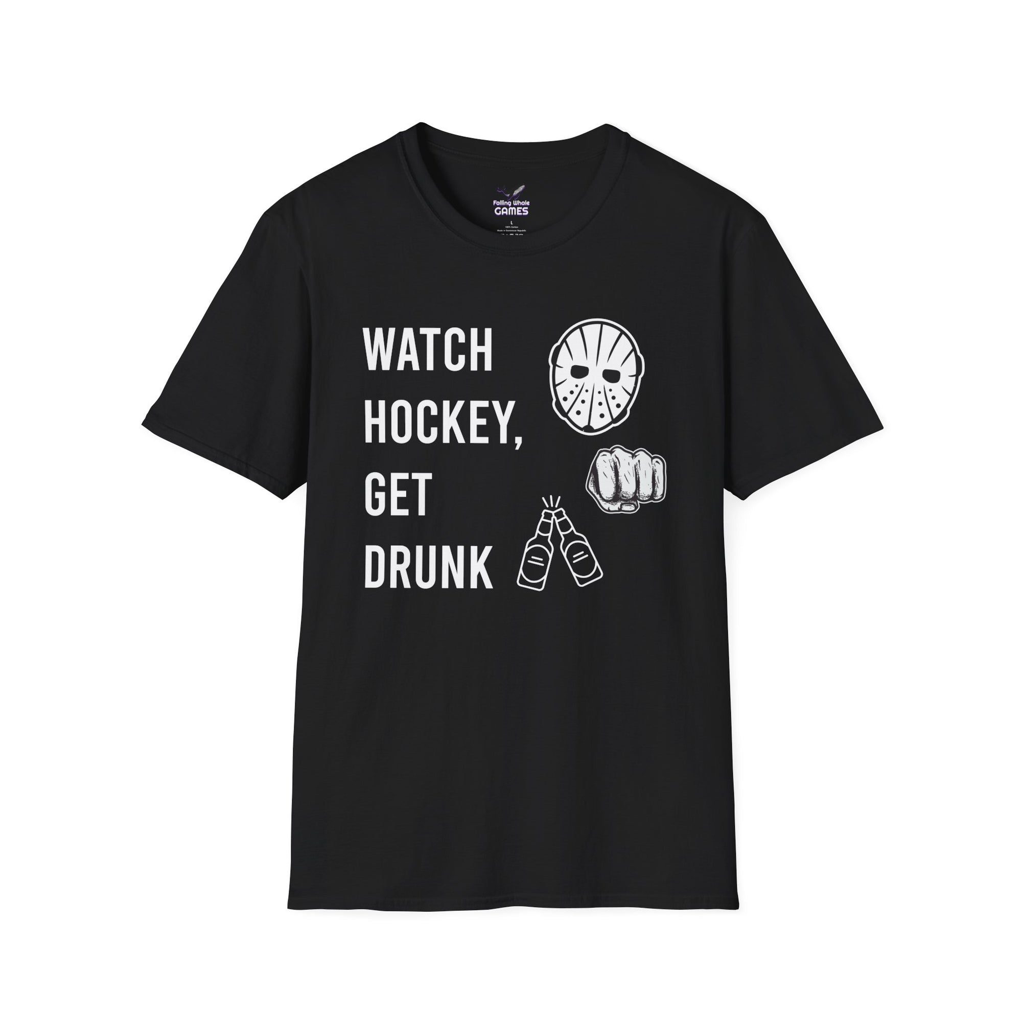 Watch Hockey Get Drunk bold text graphic shirt