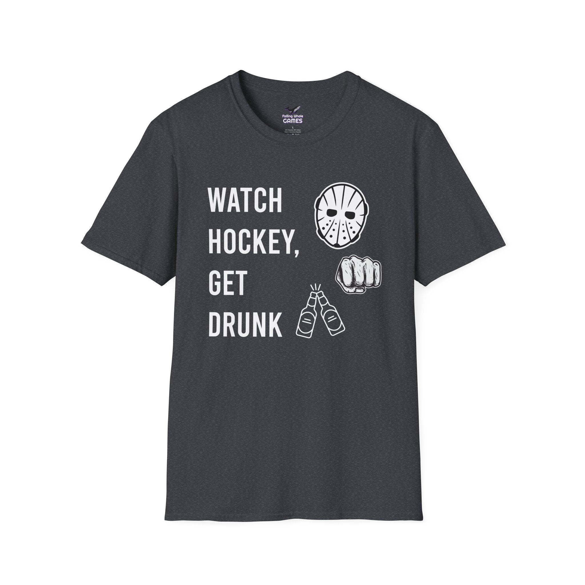 Watch Hockey Get Drunk bold text graphic shirt