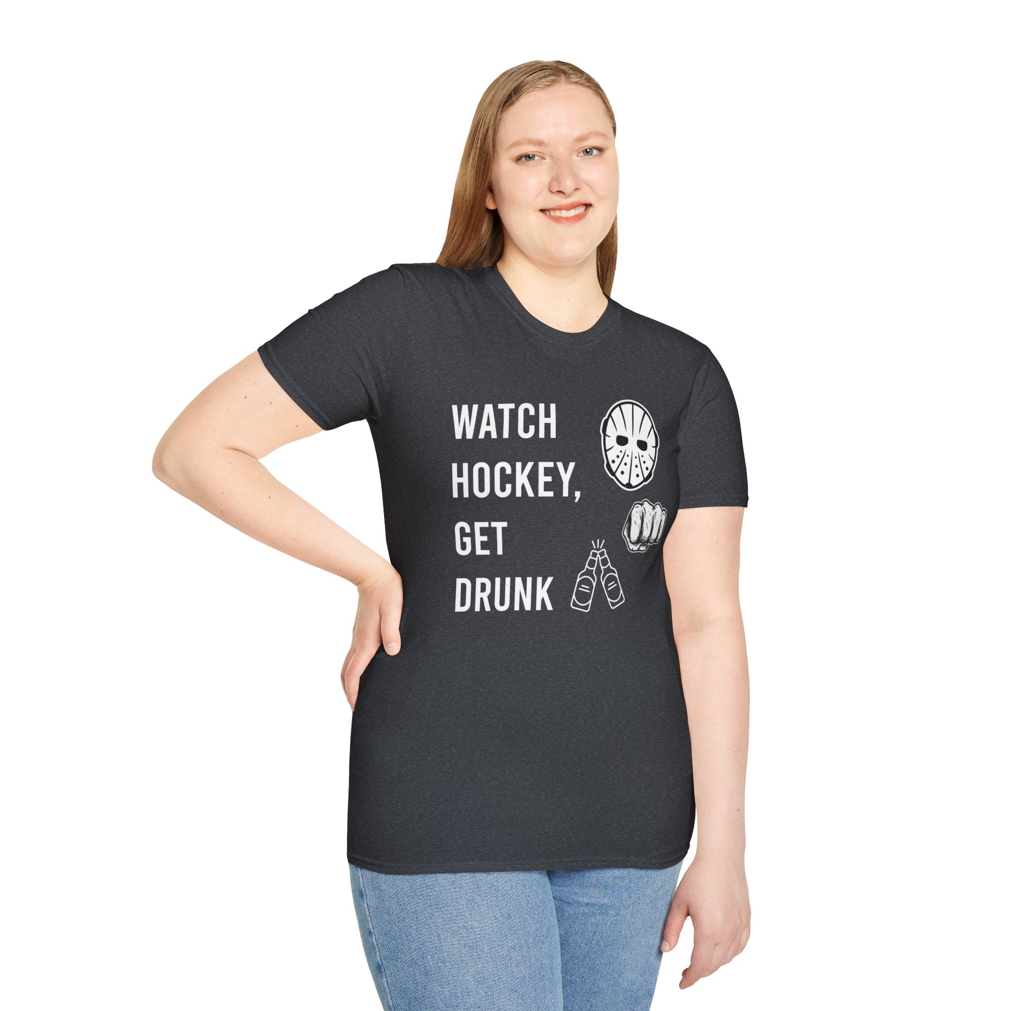 Watch Hockey Get Drunk bold text graphic shirt