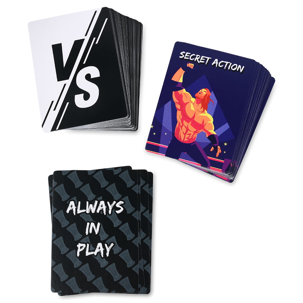 Playing cards with 'VS', 'Always in Play', and 'Secret Action' designs on a white background