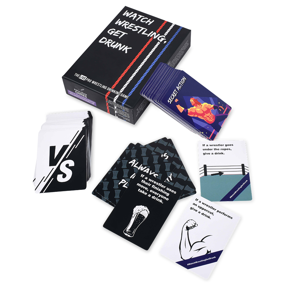 Wrestling-themed drinking game cards with box on a white background
