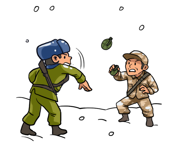 Two soldiers throwing grenades at each other