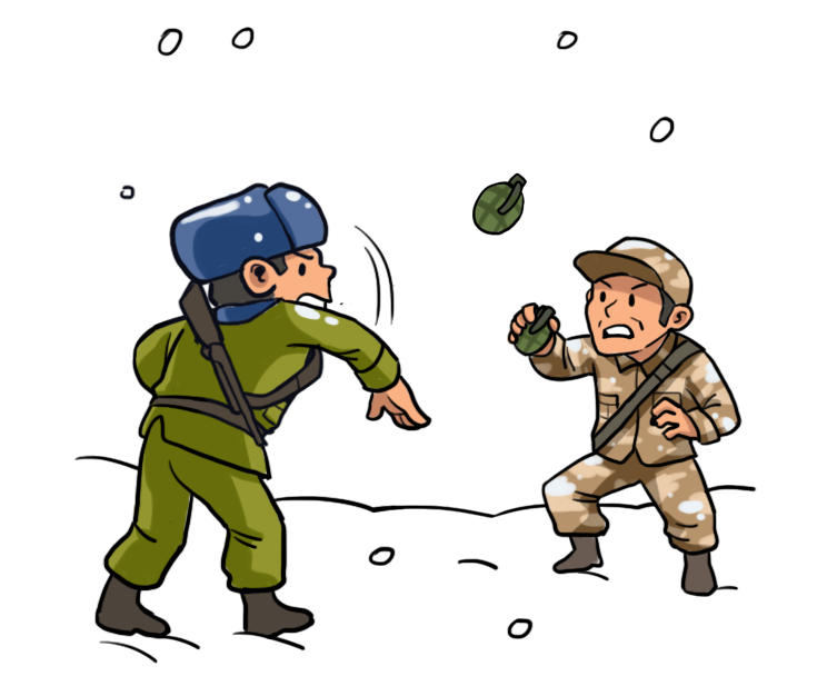 Two soldiers throwing grenades at each other